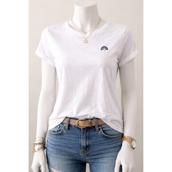 PINK Victoria's Secret Tops - Victoria's Secret PINK White Rainbow Embroidered Short Sleeve T-Shirt Large